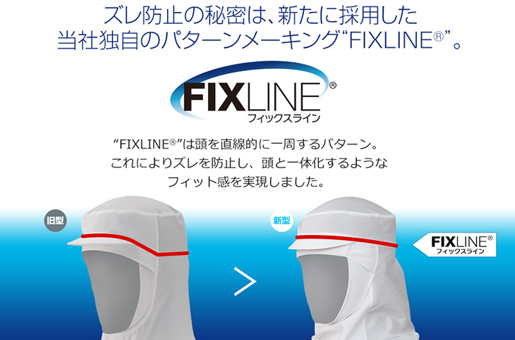 ズレ防止の秘密は、新たに採用した当社独自のパターンメーキングFIXLINE。FIXLINEは頭を直線的に一周するパターン。これによりズレを防止し、頭と一体化するようなフィット感を実現しました。