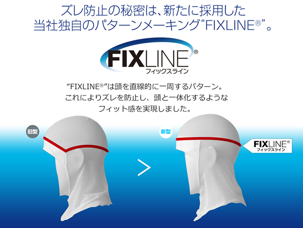 ズレ防止の秘密は、新たに採用した当社独自のパターンメーキングFIXLINE。FIXLINEは頭を直線的に一周するパターン。これによりズレを防止し、頭と一体化するようなフィット感を実現しました。