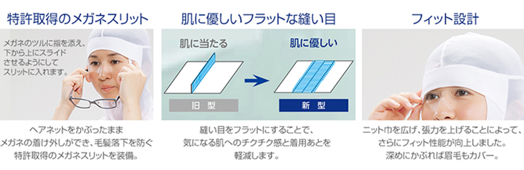 【特許取得のメガネスリット】ヘアネットをかぶったままメガネの着け外しができ、毛髪落下を防ぐ特許取得のメガネスリットを装備。【肌に優しいフラットな縫い目】縫い目をフラットにすることで、気になる肌へのチクチク感と着用あとを軽減します。【フィット設計】ニット巾を広げ、張力を上げることによって、さらにフィット性能が向上しました。深めにかぶれば眉毛もカバー。