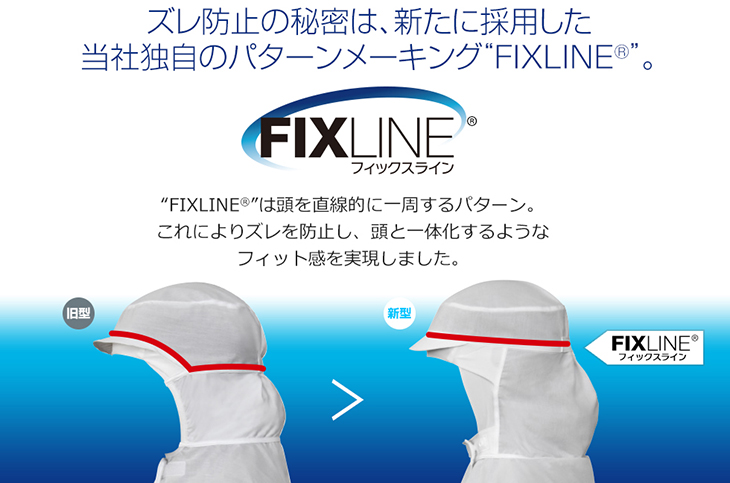 ズレ防止の秘密は、新たに採用した当社独自のパターンメーキングFIXLINE。FIXLINEは頭を直線的に一周するパターン。これによりズレを防止し、頭と一体化するようなフィット感を実現しました。